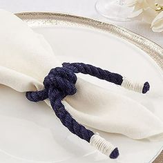 a white plate topped with a blue rope napkin