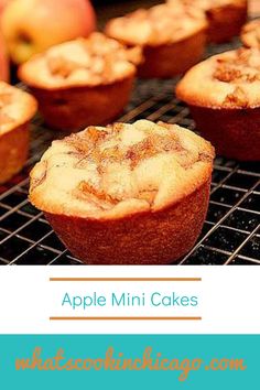 apple mini cakes on a cooling rack with apples in the background and text overlay