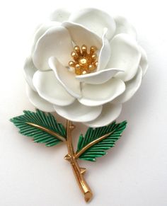 Crown Trifari White Enamel Flower Brooch Pin - The Jewelry Lady's Store White Enamel Brooch Jewelry, Elegant White Enamel Pin, Formal White Enamel Pin Brooch, Formal White Enamel Pin, Vintage White Enamel Brooches, White Vintage Enamel Brooches, Vintage White Enamel Pin, White Vintage Enamel Pin, Vintage White Flower Brooches