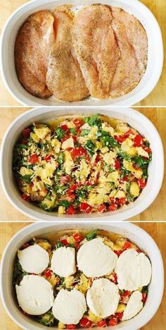 three white bowls filled with food on top of a wooden table next to each other