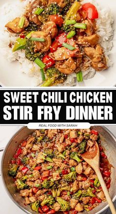 two pictures with the words sweet chili chicken stir fry dinner on top and in front