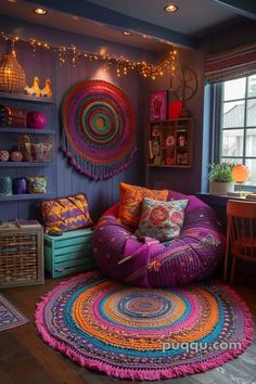 a living room with purple walls and colorful rugs