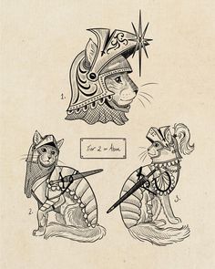 an old drawing of two cats dressed in medieval costumes and holding swords, with another cat wearing a helmet on its head