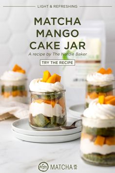 the cover of matcha mango cake jar is shown on a table with other desserts