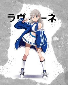 an anime character in blue and white clothes with her hands on her hips, posing for the