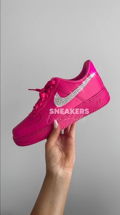 More sizes available on www.SneakersOverHeels.com *SIZES ARE IN WOMEN'S US* Please check the size chart attached and remember they are offered in women's sizing, as I am not accepting returns at this time.  Materials are purchased from authorized retailers and made with extreme attention to detail. Made with a variety of crystal sizes for maximum bling with all 4 swoosh logos embellished. Please contact me for any custom requests/designs NIKE AIR FORCE 1 '07 IN COLOR FIREBERRY/FIERCE PINK We wan Pink Nike Shoes Women, Pink Custom Air Force, Pink Air Force 1, Bling Nike Shoes, Pretty Sneakers, Pink Nike Shoes, Nike Fashion Shoes, Nike Slides, Pretty Shoes Sneakers