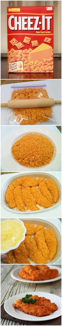 the steps in how to make cheez - it chicken strips are shown with instructions