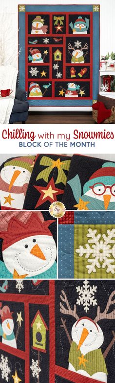 an image of a quilted christmas scene with snowmen