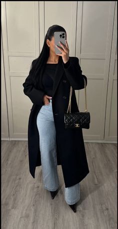 Long Black Coat Winter Outfit, Winter Modern Outfits, Black Fluffy Coat Outfit, New Years Church Outfit, Dressing Up Aesthetic, All Black Church Outfit, Church Fits Winter, All Black Winter Outfit Classy, Elevated Casual Outfits Women Winter