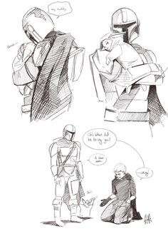 some sketches from the movie star wars, including an image of two men in armor and one