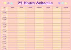 the printable 24 hour schedule is shown in pink and blue with stars on it