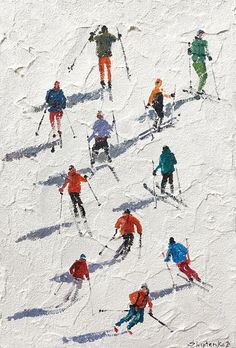 a group of people riding skis down a snow covered slope