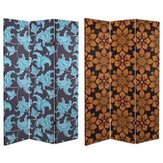 three different types of folding screens with flowers and leaves on the sides, one in blue and