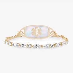 A shimmering classic, the Cantata Medical ID Bracelet in Yellow Gold is a timeless piece with an elegant 12 karat gold plated chain. Oval, rectangular, and circle cubic zirconia crystals glisten in their settings. Pair this women's medic alert bracelet with your favorite Lauren's Hope Medical ID tag. Part of the Lauren's Hope interchangeable collection, this women's medical alert bracelet can be worn with any Lauren's Hope medical ID tag and mixed and matched with other interchangeable med alert Medical Alert Jewelry, Interchangeable Bracelet, Boys Bracelets, Medical Id Bracelets, Multiple Bracelets, Medic Alert Bracelets, Medical Bracelet, Kids Bracelets, Medical Alert