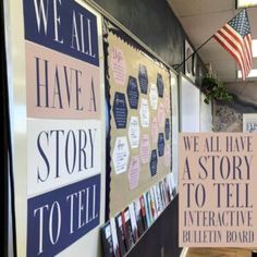 two bulletin boards on the wall in an office with american flags hanging from it's sides