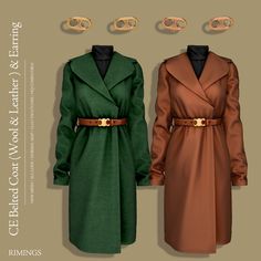 two women's coats with gold buckles on the belt and one in green