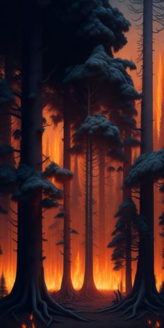 a forest filled with lots of tall trees covered in orange and yellow fire blazing through the sky