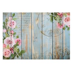 an old wooden wall with pink roses painted on the side and clock in the background