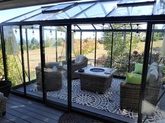 an enclosed patio with wicker furniture and glass walls