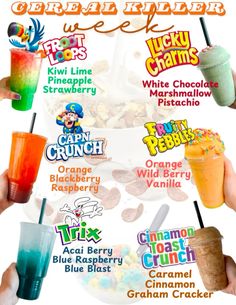 an advertisement for cereal and milkshakes with the names in different languages on it