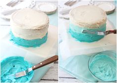 two pictures of a cake being frosted with blue icing