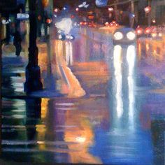 an oil painting of a city street at night with cars driving on the road and lights reflecting in the water