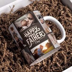 a father's day coffee mug in a box filled with wood shavings