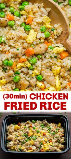 chicken fried rice with peas and carrots in a casserole dish