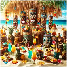 a painting of tiki masks and drinks on the beach