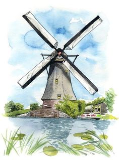 a watercolor painting of a windmill on the river