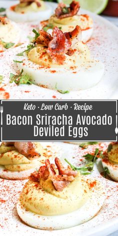 deviled eggs with bacon, sour cream and avocado on them