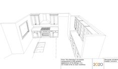 a drawing of a kitchen with cabinets and drawers in the center, as well as an oven