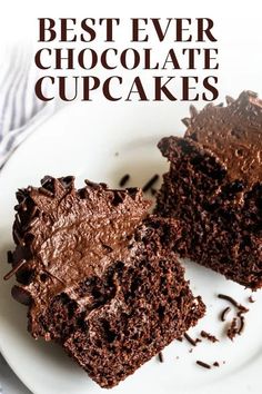 two pieces of chocolate cake on a plate with the words best ever chocolate cupcakes