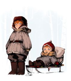 two people standing next to each other on a sled