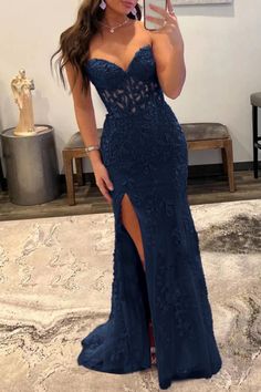 Nyomi Hot Pink Mermaid Strapless Corset Lace Prom Dress with Slit – KissProm Navy Blue Corset Prom Dress, Corset Prom Dress Long, Prom Dresses Navy Blue, Blue Strapless Prom Dress, Navy Prom Dress, Dress With A Corset, Tea Length Prom Dress