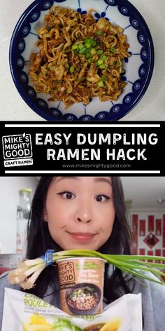 a woman holding up a bag of ramen in front of her face with the text easy dumpling ramen hack