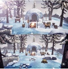 two pictures of the same scene in different places, one is snow covered and the other has