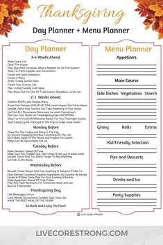 a thanksgiving menu with autumn leaves on it and the words, day planner and menu planner