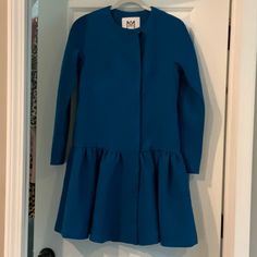 Nwt Milly Coat Color Is Called Azure In A Size Small. Material Is 100% Polyester Blue Winter Outerwear For Daywear, Chic Blue Outerwear For Daywear, Blue Long Sleeve Outerwear For Daywear, Peacoat Womens, Green Jean Jacket, Leather Puffer Jacket, Feather Jacket, Satin Blazer, Short Sleeve Jacket