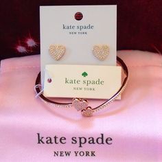 Kate Spade "Yours Truly" Pave Open Hinge Cuff And Studs Cuff Bracelet Product Details: Color: Clear/Rosegold Measurements: 2.27" W - Length/Inner Circumference: 2.13" Features: Closure Type: Hinge Closure Materials: Cubic Zirconia Rosegold Plated Metal Metal Color: Rosegold Style No: O0r00155 Imported Studs Product Details: Color: Clear/Rosegold Measurements: 0.42" W Weight: 1.8g Length/Inner Circumference: 0.4" Features: Disk Clutch Closure Materials: Cubic Zirconia Rosegold Plated Metal Style Kate Spade Bracelet, Large Stud Earrings, Daisy Studs, Rose Gold Bangle, Mini Studs, Kate Spade Earrings, Square Earrings Studs, Square Stud, Spade Jewelry