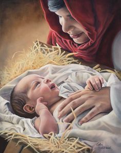 a painting of a woman holding a baby in a manger with straw on the ground