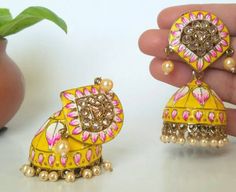 Check out this item in my Etsy shop https://www.etsy.com/listing/882198297/hand-painted-jhumka-indian-earrings Fusion Kundan Jhumkas With Gota Work, Fusion Style Kundan Jhumkas With Gota Work, Fusion Chandbali Jhumkas With Gota Work, Fusion Style Jhumkas For Wedding And Navratri, Fusion Style Wedding Jhumkas For Navratri, Fusion Style Wedding Jhumkas For Festivals, Festive Fusion Gota Work Jhumkas, Fusion Style Festive Jhumkas With Gota Work, Festive Fusion Jhumkas With Gota Work