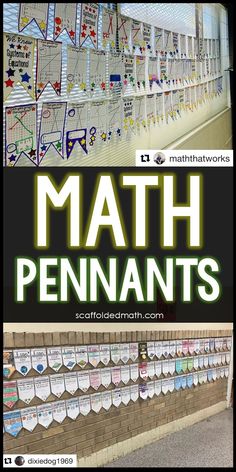 the front cover of a bulletin board with math pennants on it, and an image of