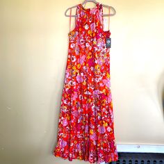 Nwt, Gorgeous Vince Camuto High Necked, Drop Waist, Sleeveless Maxi Sundress Size Large Floral Pattern With Coral Base Color And Yellow, Red, Pink, Magenta, Lavender, And White Flowers 100% Rayon Smoke Free Home Vibrant Sleeveless Maxi Dress For Spring, Sleeveless Orange Sundress For Garden Parties, Sleeveless Orange Maxi Dress For Garden Party, Vibrant Sleeveless Maxi Dress For Garden Party, Orange Sleeveless Maxi Dress For Spring, Red Floral Print Sleeveless Dress For Spring, Red Sleeveless Dress For Spring Garden Party, Vibrant Orange Sleeveless Maxi Dress, Vibrant Sleeveless Sundress