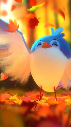 a blue and white bird with its wings spread out in the air, surrounded by autumn leaves