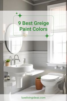 Explore these 9 best greige paint colors for your home. This pin showcases stylish options to transform spaces, also highlighting a modern bathroom with gray walls and elegant fixtures. Sherwin Williams Best Greige Colors, Behr Greige Paint Colors Family Rooms, Greige Bathroom Walls, Grey Behr Paint Colors, Gray Paint Bathroom, Behr Greige, Greige Bathroom, Sherwin Williams Perfect Greige, Sherwin Williams Greige