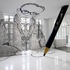 a drawing of a man in a suit and tie with a pencil on the floor