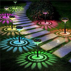 several colorful lights are on the ground in front of some bushes and grass with flowers