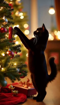 a black cat standing on its hind legs next to a christmas tree