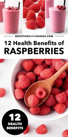 raspberries in a white bowl with the title, 12 health benefits of raspberries